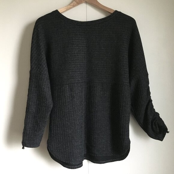 Max Studio Grey Knit Tie Up Ruched Sleeve Sweater - Picture 3 of 16